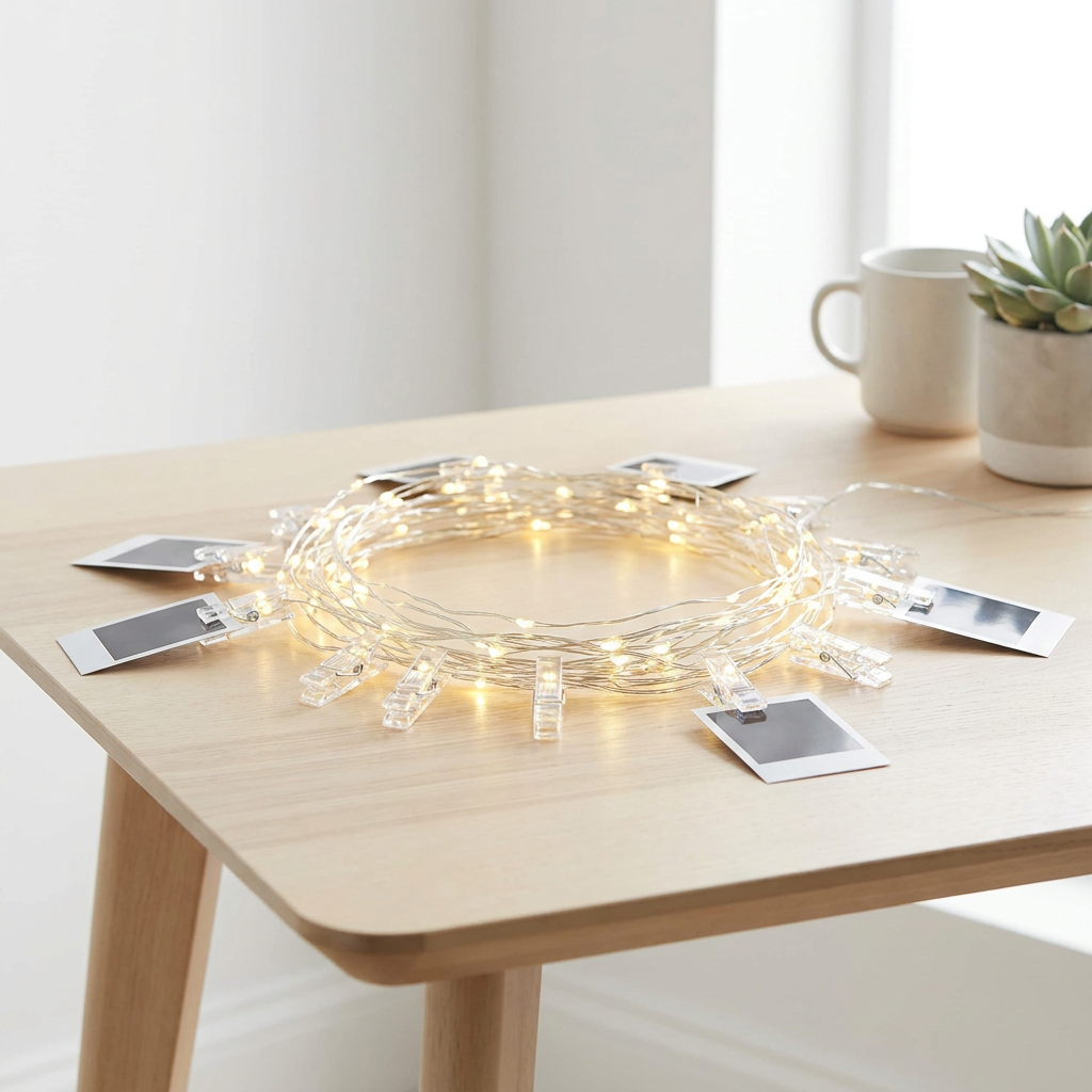 Guirnalda de luces LED cálidas con pinzas transparentes para colgar fotos de recuerdo.
