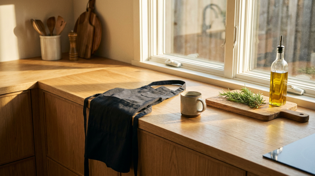 Delantal personalizado doblado en una encimera de cocina de madera junto a una taza y hierbas frescas.