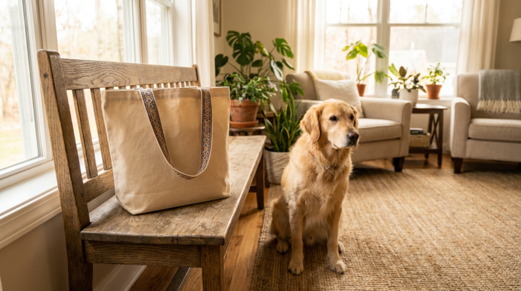 Bolsa de tela apoyada en un banco de madera junto a un perro en un salón luminoso.