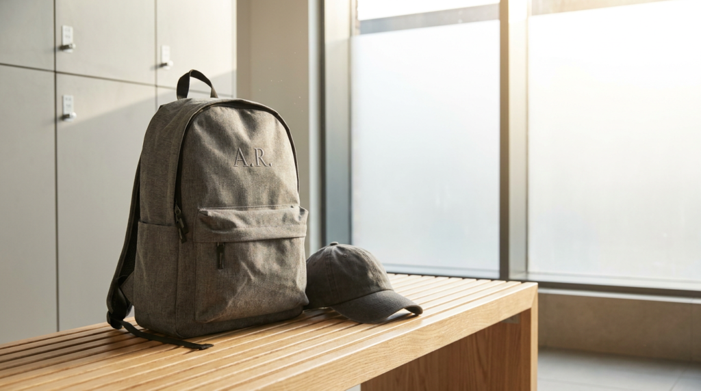 Mochila y gorra deportiva personalizadas sobre un banco de madera en un vestuario luminoso.