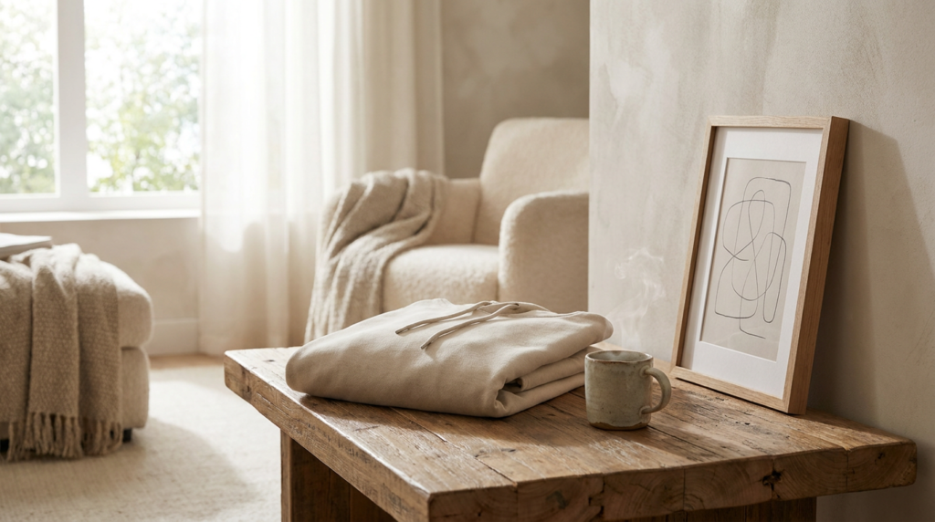Salón acogedor con una sudadera doblada y una lámina enmarcada sobre una mesa de madera