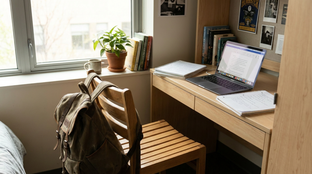 Escritorio de estudio universitario con una mochila y material de papelería junto a una ventana luminosa